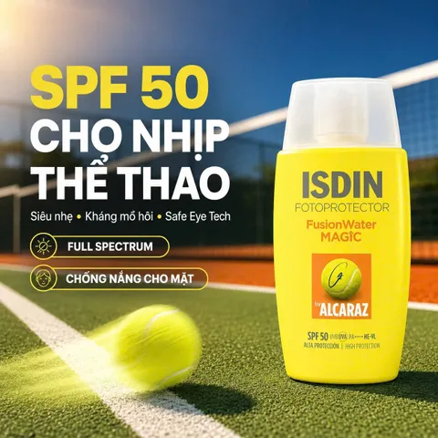 Kem Chống Nắng Thể Thao ISDIN Fotoprotector FusionWater Magic by Alcaraz SPF 50 - Bảo Vệ Da Chống Mồ Hôi Khi Vận Động Ngoài Trời 50ml