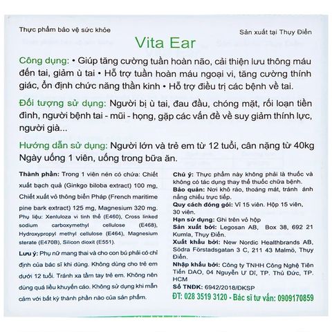 Viên uống hỗ trợ các bệnhh về tai, giảm ù tai, tăng cường thính giác Vita Ear New Nordic (15 viên)