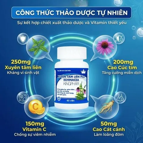 Viên uống hỗ trợ giảm ho, giảm đờm, giảm đau rát họng Xuyênn Tâmm Liên Plus Echinacea Kingphar (60 viên)