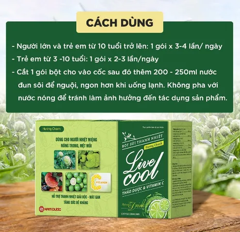 Bột sủi thanh nhiệt Livecool Nam Dược hương chanh, dưa gang hộp 10 gói x 7gram