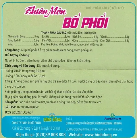 Hỗ trợ giảm ho Thiên Môn Bổ Phổi Bình Đông (280ml)