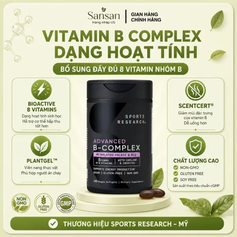Viên Uống Vitamin B Sports Research Advanced B Complex 180 Viên Bioactive B-Complex Hỗ Trợ Chuyển Hóa Năng Lượng