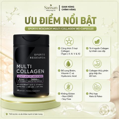 Sports Research Multi Collagen 180 Viên Mỹ - Collagen Type I II III V X Hỗ Trợ Da Tóc Móng Xương Khớp Bổ Sung Biotin