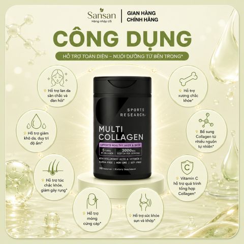 Sports Research Multi Collagen 180 Viên Mỹ - Collagen Type I II III V X Hỗ Trợ Da Tóc Móng Xương Khớp Bổ Sung Biotin