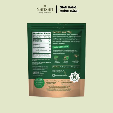 Đường Ăn Kiêng Whole Earth Allulose & Monk Fruit 794g (28oz) Dạng Hạt Thay Thế Đường Pha Chế, Làm Bánh - Hàng Mỹ