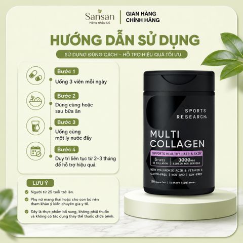 Sports Research Multi Collagen 180 Viên Mỹ - Collagen Type I II III V X Hỗ Trợ Da Tóc Móng Xương Khớp Bổ Sung Biotin