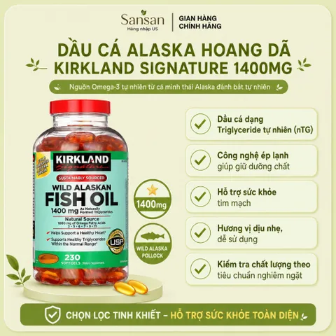 Dầu Cá Alaska Hoang Dã Kirkland Signature 1400mg 230 Viên | Omega-3 Tự Nhiên | Hỗ Trợ Sức Khỏe Tim Mạch
