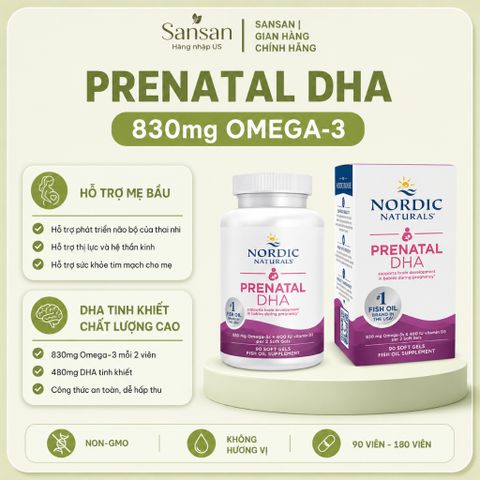 Nordic Naturals Prenatal DHA 830mg Cho Bà Bầu, 480mg DHA + Vitamin D3, Không Mùi, 90/ 180 Viên Nang Mềm