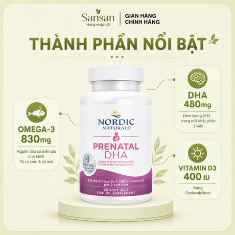 Nordic Naturals Prenatal DHA 830mg Cho Bà Bầu, 480mg DHA + Vitamin D3, Không Mùi, 90/ 180 Viên Nang Mềm