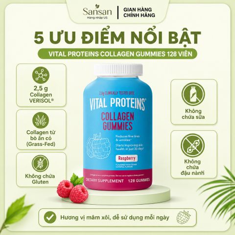Kẹo dẻo Vital Proteins Collagen Gummies Raspberry 128 Viên (2.5g Verisol®) - Hỗ Trợ Da, Tóc, Móng