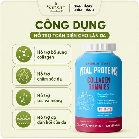 Kẹo dẻo Vital Proteins Collagen Gummies Raspberry 128 Viên (2.5g Verisol®) - Hỗ Trợ Da, Tóc, Móng
