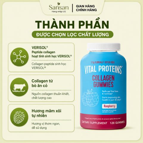 Kẹo dẻo Vital Proteins Collagen Gummies Raspberry 128 Viên (2.5g Verisol®) - Hỗ Trợ Da, Tóc, Móng