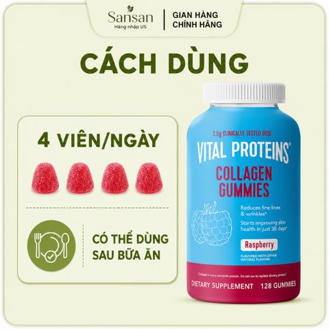 Kẹo dẻo Vital Proteins Collagen Gummies Raspberry 128 Viên (2.5g Verisol®) - Hỗ Trợ Da, Tóc, Móng