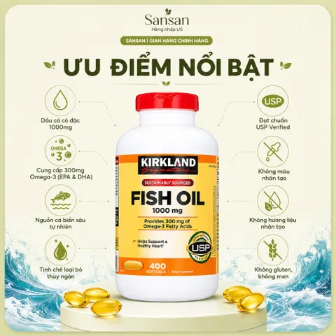 Viên Uống Dầu Cá Kirkland Signature Fish Oil 1000mg Omega-3 400 Viên Nang Mềm Hỗ Trợ Tim Mạch