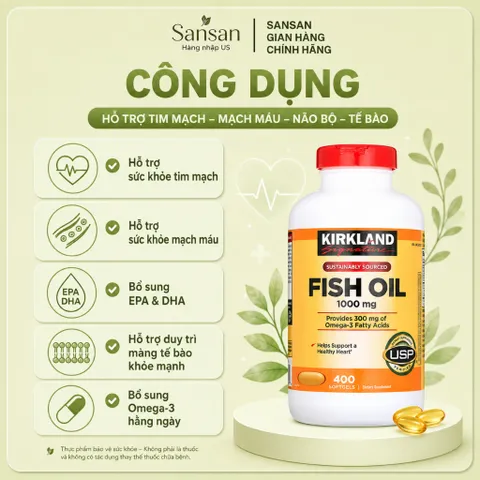 Viên Uống Dầu Cá Kirkland Signature Fish Oil 1000mg Omega-3 400 Viên Nang Mềm Hỗ Trợ Tim Mạch