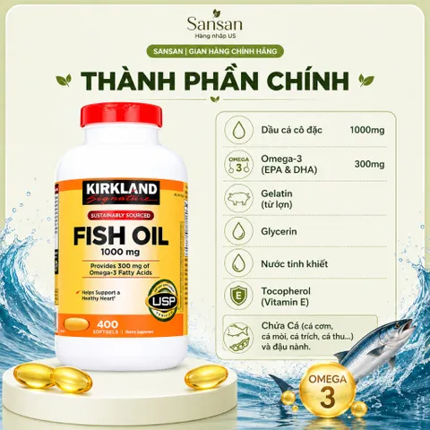 Viên Uống Dầu Cá Kirkland Signature Fish Oil 1000mg Omega-3 400 Viên Nang Mềm Hỗ Trợ Tim Mạch