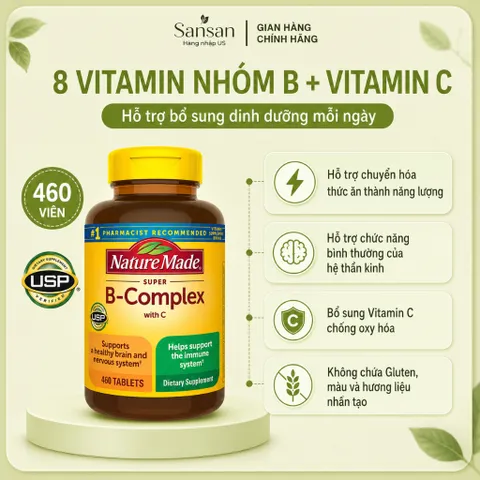 Vitamin B Tổng Hợp Nature Made Super B-Complex 460 Viên | Bổ Sung 8 Vitamin Nhóm B & Vitamin C | Hỗ Trợ Chuyển Hóa Năng