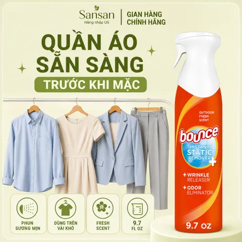 Xịt Quần Áo Bounce Rapid Touch-Up 3 Trong 1 Khử Tĩnh Điện, Giảm Nhăn, Làm Mới Mùi Vải 275g