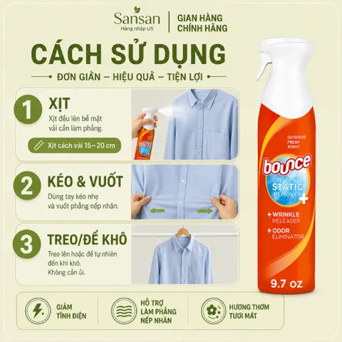 Xịt Quần Áo Bounce Rapid Touch-Up 3 Trong 1 Khử Tĩnh Điện, Giảm Nhăn, Làm Mới Mùi Vải 275g