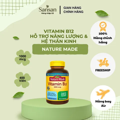 Vitamin B12 Nature Made 1000mcg 400 Viên USA - Bổ Sung Vitamin B12 Hỗ Trợ Năng Lượng, Não Bộ, Hệ Thần Kinh