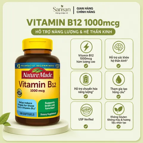 Vitamin B12 Nature Made 1000mcg 400 Viên USA - Bổ Sung Vitamin B12 Hỗ Trợ Năng Lượng, Não Bộ, Hệ Thần Kinh