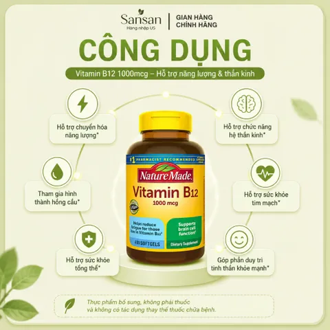 Vitamin B12 Nature Made 1000mcg 400 Viên USA - Bổ Sung Vitamin B12 Hỗ Trợ Năng Lượng, Não Bộ, Hệ Thần Kinh