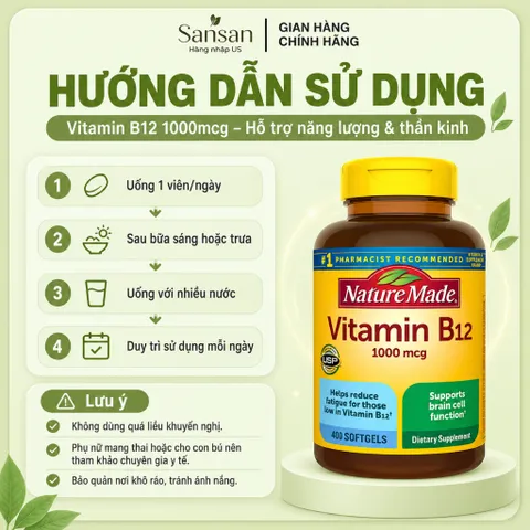 Vitamin B12 Nature Made 1000mcg 400 Viên USA - Bổ Sung Vitamin B12 Hỗ Trợ Năng Lượng, Não Bộ, Hệ Thần Kinh