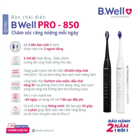 Bàn Chải Điện B.Well Swiss PRO-850 – 5 Chế Độ Làm Sạch, Sạc 1 Lần Dùng 2 Tháng - BẢO HÀNH 2 NĂM 794655
