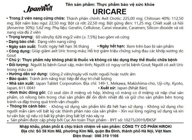 Viên uống Uricare Jpanwell giúp giảm axit uric trong máu (60 viên)