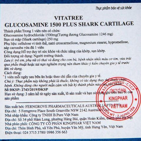 Viên uống hỗ trợ duy trì chức năng của khớp, sụn khớp Vitatree Glucosamine 1500 Plus Shark Cartilage (100 viên)