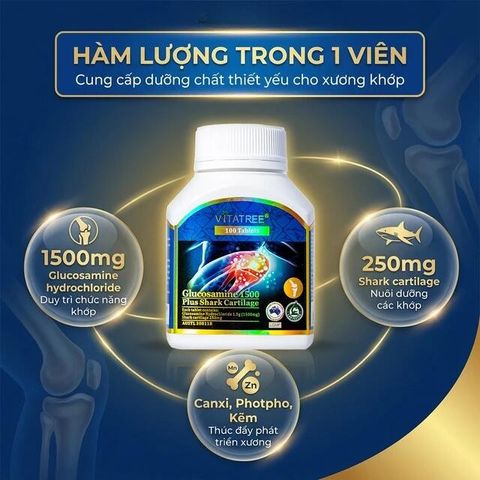 Viên uống hỗ trợ duy trì chức năng của khớp, sụn khớp Vitatree Glucosamine 1500 Plus Shark Cartilage (100 viên)