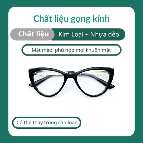 Gọng kính cận mắt mèo nữ D905 kiểu mắt kính tròn chất liệu nhựa dẻo gọng kim loại thời trang POSHOP