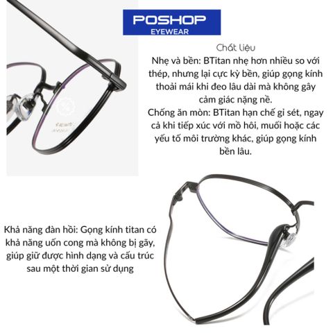 Kính Titan nguyên chất thiết kế đệm mũi liền gọng T913 - Tròng chống ánh sáng xanh dễ chịu khi đeo POSHOP