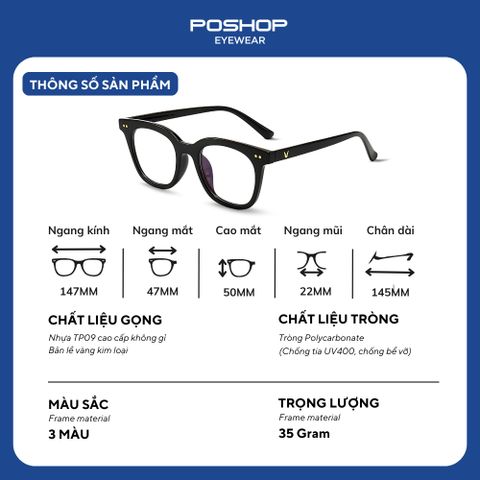 Mắt Kính Nam Cao Cấp POSHOP Mắt Vuông Gọng Dẻo Cắt Tròng Cận Chống Ánh Sáng Xanh SS Chữ V Thời Trang