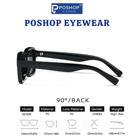 Kính Râm Thời Trang Unisex Nam Nữ Kiểu Dáng Vuông Cổ Điển Chống Tia UV400 Tròng Mắt Mát Bản Lề Kim Loại Chắc Chắn SZ3209