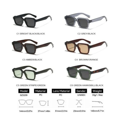Kính Râm Thời Trang Unisex Nam Nữ Kiểu Dáng Vuông Cổ Điển Chống Tia UV400 Tròng Mắt Mát Bản Lề Kim Loại Chắc Chắn SZ3209