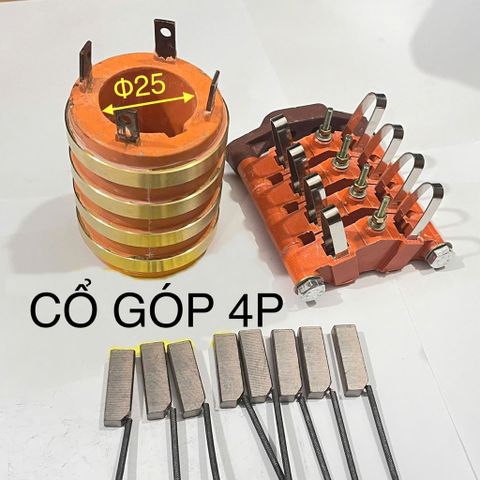 ✅ Bộ Cổ góp điện 4P 50A/100A, lỗ trục D25, D30, D35, D40, D45, D50, D55, D60, D65 + chổi than 8x12.5mm + khung giá đỡ