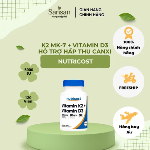 Nutricost Vitamin K2 MK-7 100mcg + Vitamin D3 5000 IU 120 Viên Nang Mềm | Hỗ Trợ Hấp Thu Canxi, Không Gluten, Non-GMO