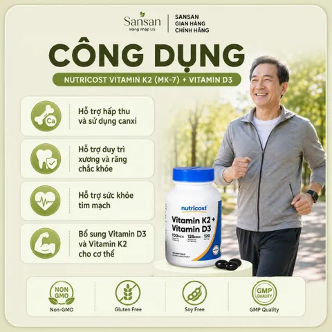 Nutricost Vitamin K2 MK-7 100mcg + Vitamin D3 5000 IU 120 Viên Nang Mềm | Hỗ Trợ Hấp Thu Canxi, Không Gluten, Non-GMO