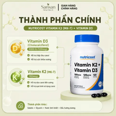 Nutricost Vitamin K2 MK-7 100mcg + Vitamin D3 5000 IU 120 Viên Nang Mềm | Hỗ Trợ Hấp Thu Canxi, Không Gluten, Non-GMO