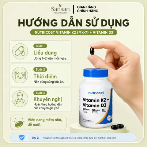 Nutricost Vitamin K2 MK-7 100mcg + Vitamin D3 5000 IU 120 Viên Nang Mềm | Hỗ Trợ Hấp Thu Canxi, Không Gluten, Non-GMO