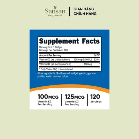 Nutricost Vitamin K2 MK-7 100mcg + Vitamin D3 5000 IU 120 Viên Nang Mềm | Hỗ Trợ Hấp Thu Canxi, Không Gluten, Non-GMO