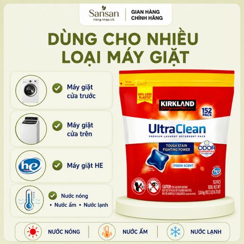 Viên Giặt Kirkland Signature Ultra Clean HE 152 Viên - Giặt Sạch Quần Áo, Hương Thơm Tươi Mát, Dùng Cho Mọi Loại Máy