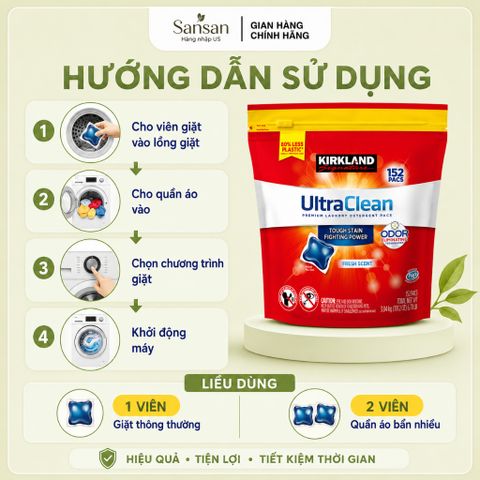 Viên Giặt Kirkland Signature Ultra Clean HE 152 Viên - Giặt Sạch Quần Áo, Hương Thơm Tươi Mát, Dùng Cho Mọi Loại Máy