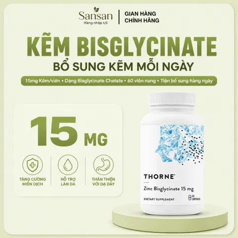 Thorne Zinc Bisglycinate 15mg 60 Viên - Kẽm Hữu Cơ Hỗ Trợ Da, Mắt & Hệ Miễn Dịch