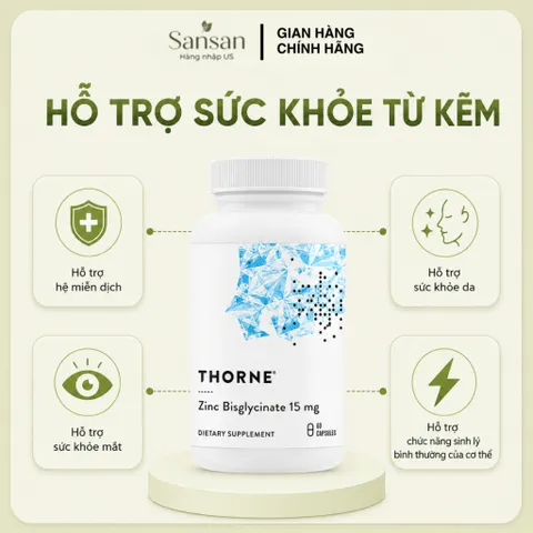 Thorne Zinc Bisglycinate 15mg 60 Viên - Kẽm Hữu Cơ Hỗ Trợ Da, Mắt & Hệ Miễn Dịch