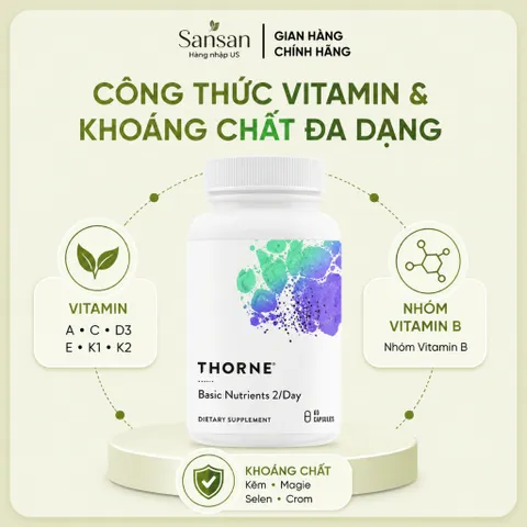 Thorne Basic Nutrients 2/Day 60, 120 Viên - Vitamin Tổng Hợp & Khoáng Chất Cho Người Lớn, Hỗ Trợ Sức Khỏe Toàn Diện