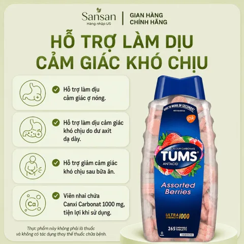 Kẹo nhai TUMS Ultra Strength 1000 Hương Quả Mọng 265 Viên Nhai