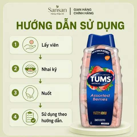 Kẹo nhai TUMS Ultra Strength 1000 Hương Quả Mọng 265 Viên Nhai