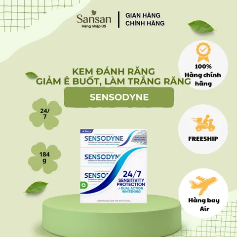 Kem Đánh Răng Sensodyne Advanced Whitening 184g x4 Giảm Ê Buốt, Làm Trắng Răng, Hơi Thở Thơm Mát